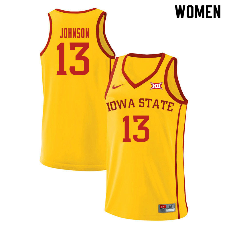 Women #13 Javan Johnson Iowa State Cyclones College Basketball Jerseys Sale-Yellow - Click Image to Close